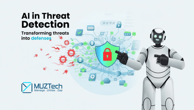 Illustration of AI-powered threat detection showing a humanoid robot pointing to a digital shield with a lock, blocking cyber threats and malware icons, with the text “AI in Threat Detection: Transforming threats into defenses” and the MUZTech logo.
