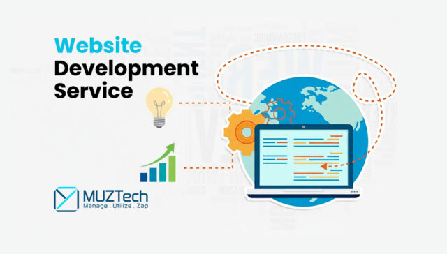 Illustration representing website development services, showing a laptop with code on the screen, a globe, gears, growth chart, and idea icons, alongside the text “Website Development Service” and the MUZTech logo.