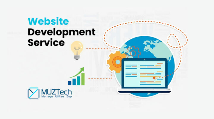 Illustration representing website development services, showing a laptop with code on the screen, a globe, gears, growth chart, and idea icons, alongside the text “Website Development Service” and the MUZTech logo.
