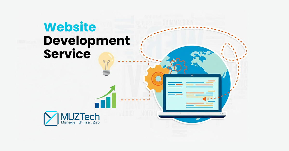 Illustration representing website development services, showing a laptop with code on the screen, a globe, gears, growth chart, and idea icons, alongside the text “Website Development Service” and the MUZTech logo.